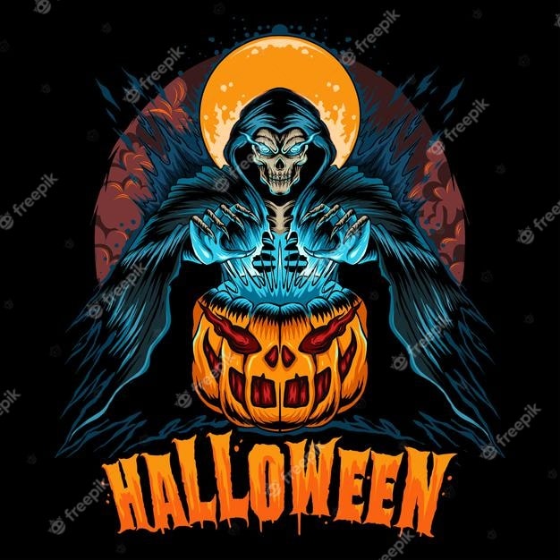 طرح پوستر هالووین اسکلت و کدو وکتور
